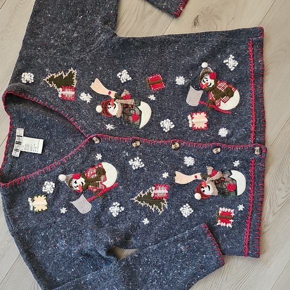 Vintage 90s OHI Angora Blend Christmas Snowman Applique Cardigan Sweater, Med - Picture 4 of 15